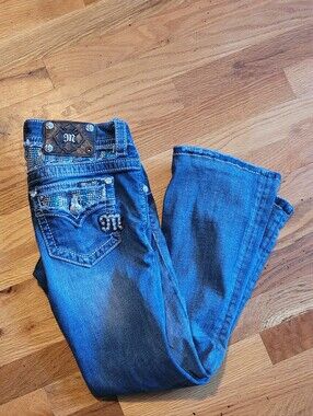 Miss Me Boot Cut Low Rise Jeans Size 24 Rhinestone Blue Accents Y2k